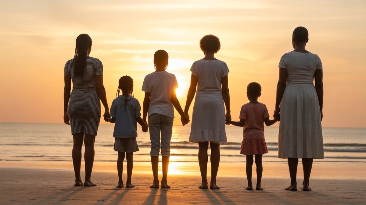 Famille au coucher du soleil sur une plage